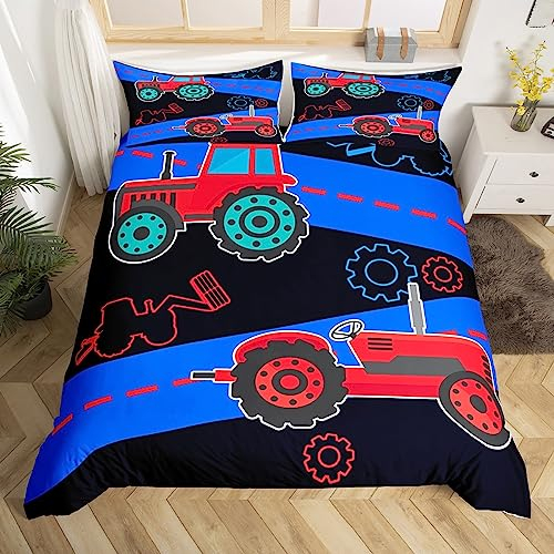 Construction Bettbezug Set Kinder Bagger Cartoon Auto Betten Set für Jungen Mädchen Cartoon Bettwäsche Set 200x200cm Atmungsaktiv Blau Rot Schwarz Bettdeckenbezug Zimmer Dekor Fahrzeuge Bettbezug