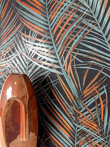 Newroom Vliestapete Schwarz Dschungel Palmenblätter Metallic Tapete | Palmwedel in Kupfer Orange Petrol Türkis, schimmernder Effekt, Glamour Boho Tropical, Mustertapete Wandtapete, Wohnzimmer