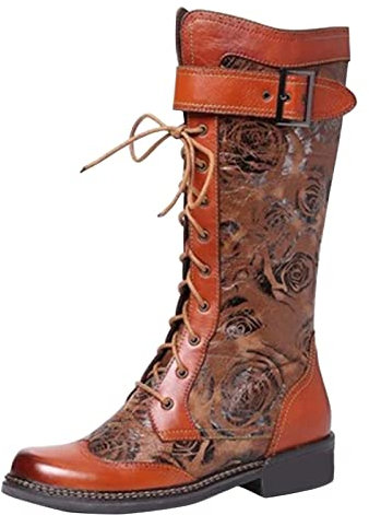 MMOOVV Damen Retro Stiefel mit mittlerer Wade, Ethno-Stil bestickte Stiefel mit niedrigem Absatz (Brown, 42)