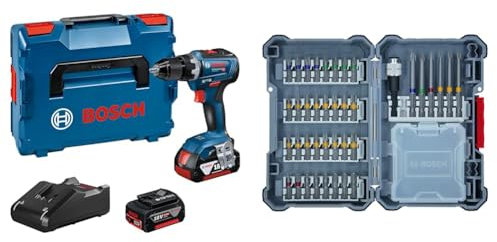 Bosch Professional GSR 18V-55 (2x 4,0 Ah Akku, in L-BOXX), Blau + 40-tlgs. Bohrer Bit Set (Pick and Click, extra harte Schrauber Bits, mit Universalhalter) - Amazon Edition