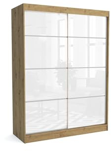 Brent - Kleiderschrank mit Schiebetüren July 160cm Breit, Schlafzimmerschrank mit 1 Kleiderstange und Einlegeböden für Kleidung, Kleiderschrank Artisan Eiche/Weiß Hochglanz