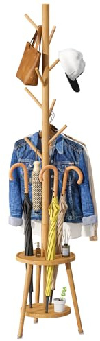 Coat Rack, Bamboo Wood Coat Freestanding with Umbrella Holder, Adjustable Height Coat Stand with 8 Hooks, kids coat rack, Used In The Bedroom Living Room, Office To Hang Clothes, Hats, Bags (Natural)