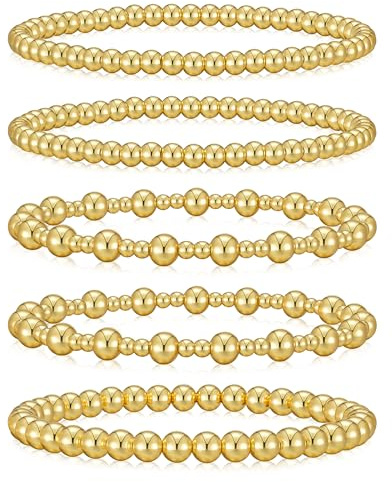 Howoo 18K Gold Plated Bracelets for Women Beaded Bracelets Stack Stretch Bead Ball Jewelry for Women Trendy