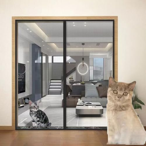 Haustiertür Verbesserte Katzengittertür 90x210cm，haustiersichere Netztür Mit Reißverschluss Auf Beiden Seiten, Freiheit Für Katze Und Hund, Ideal Für Balkontür, Schlafzimmer, Küchentür, Kein Bohren (
