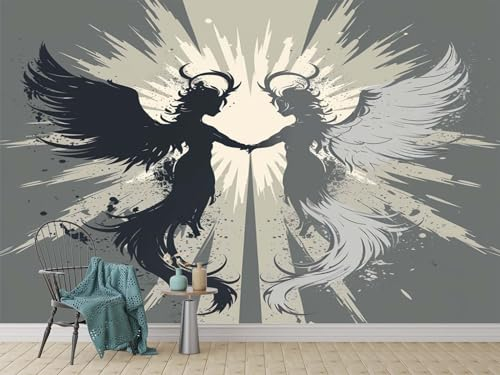 Tapete Wandbild 3D Fototapete Engel Teufel Schwarz Weiß Vliestapete Wandtapete Foto für Modernes Design der Fernseh Hintergrund Wand-Kunst-Deko, 350x256 Cm