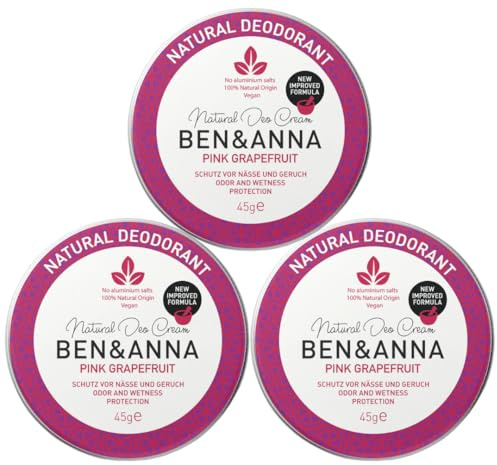 BEN & ANNA Deocreme Pink Grapefruit - Natürliches Deo für Herren und Damen - Gegen starkes Schwitzen - Vegan & Naturkosmetik - Festes Deo ohne Aluminium (45g (3er Pack), Vanille, Grapefruit)