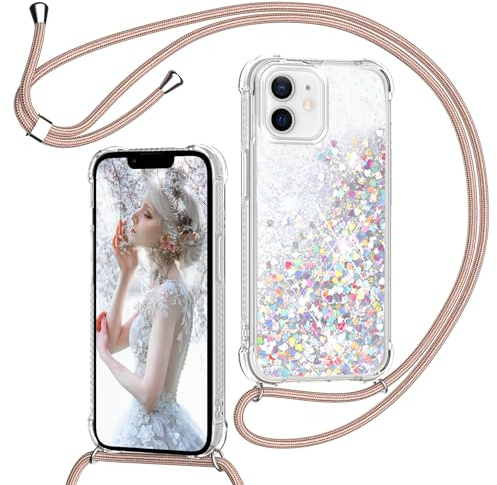 TUUTPU Handyband für iPhone 12 Mini 5,4'' Hülle mit Band, Glitzer Treibsand Handyhülle mit Kordel zum Umhängen Transparent Stoßfest Schutzhülle mit Kette Schnur, Quicksand Necklace Case in Roségold
