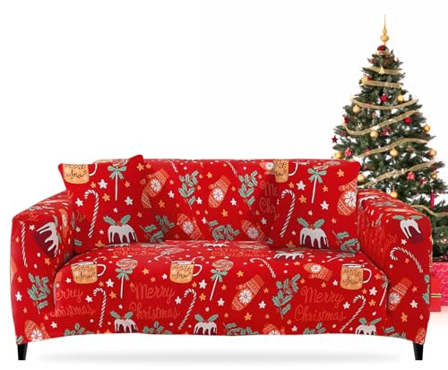 FIGOOO Funda de Sofá Navideña 4 Plazas Ajustable Funda para Sofá Elasticas Cubre Fundas de Sofá con Reposabrazos Funda de sofá Ambiente Navideño,Caramelos Guantes