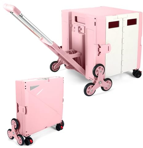 LexonElec x SELORSS Carrello della Spesa Pieghevole con Ruote Saliscale, Manico Telescopico Regolabile in Alluminio e Coperchio, Scatola Utile Pieghevole, Carrello Portatile, 90KG/76L - Rosa Bianco