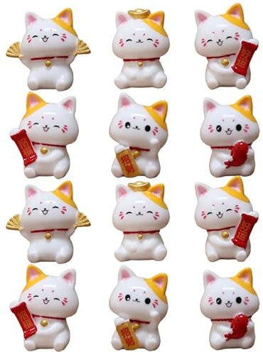 HEMOTON 12 Stück Miniatur GlüCkskatze Figuren, Harz Katzenfiguren für Mikro-Landschaft, Garten, Blumentopf Dekoration, Handgefertigte Maneki Neko Statuen