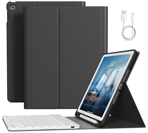 GKABXY Case With Keyboard for iPad 9th/8th/7th Generation 10.2 inch 2021/2020/2019, Soft TPU Back Cover with Pencil Holder, Magnetically Detachable Wireless Bluetooth Keyboard for iPad 9/8/7, Black
