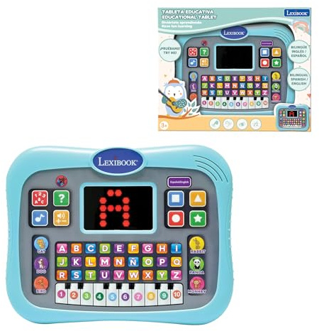 Lexibook Lernspiel, zweisprachig, spanisch/englisch, sprechendes Tablet mit Display zum Lernen des Alphabets, Zahlen und Tiere, Klaviermodus und interaktive Fragebögen, Blau (JCPAD007i2)