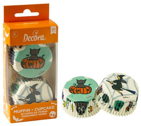 Decora, 0339902, Confezione da 36 Tematici, Witch, Comodissimi Pirottini per Cuocere, Presentare e Regalare Muffin, Resistono Fino a 220°, in Comodo Blister, Dimensione ø 50 x 32 cm, Carta, 5 cm