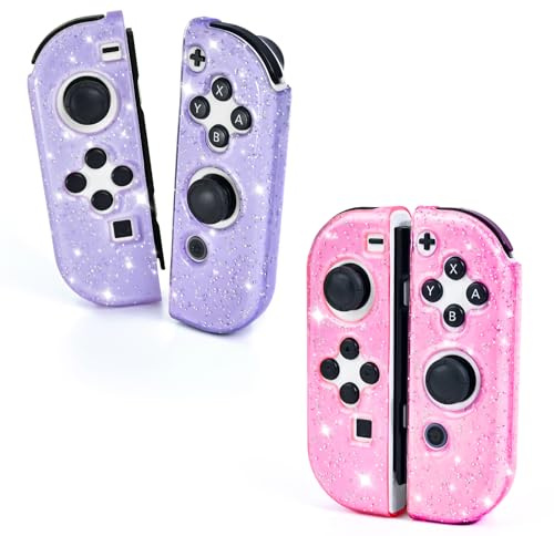 DLseego Hülle für Switch/Switch OLED Controller, Transparenz Glitter Soft TPU Switch Joycon Controller Schutz Grip Case Shell,Linke und Rechte Griffe,2 Paare,Lila+Rosa