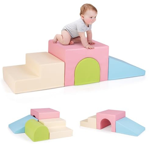 GOPLUS 4er Set Schaumstoffbausteine, Softbausteine zum Klettern & Rutschen, Riesenbausteine aus Kunstleder & Schaumstoff, Großbausteine für Baby & Kleinkinder (Rosa)