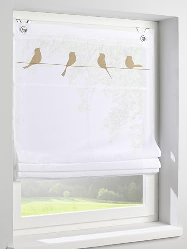 Tenda a pacchetto Gravelot con motivo uccello, naturale, semitrasparente, per finestre, dimensioni 45 x 140 cm, montaggio senza fori