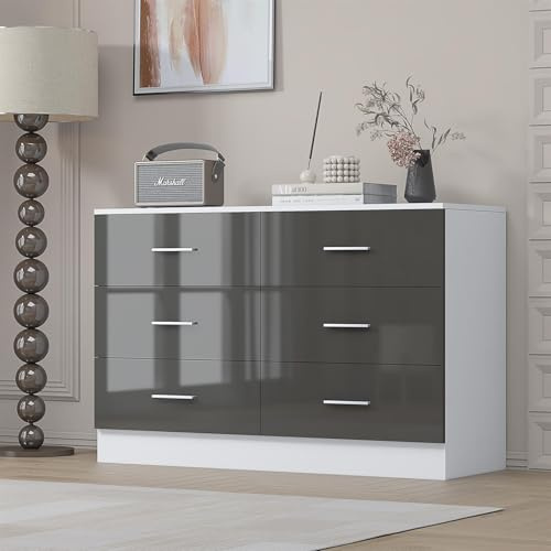 Reflect - Wide 6 Drawer Chest of Drawers for Bedroom (H: 75cm x W: 112cm x D: 40cm) (Grey Gloss/Matt White)
