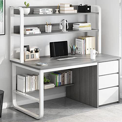 Bureau d'ordinateur en noyer massif noir de 119,4 cm, station de travail industrielle avec clapier, bibliothèque et 3 tiroirs pour la maison et le bureau