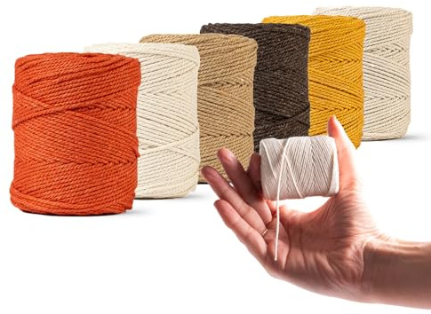 LEDENT Corde à macramé (1mm, 6x65m, Set 6 Couleurs) - Corde à Double Torsion pour macramé en 100% Coton recyclé - Set de 6 Petits Rouleaux aux Couleurs Pastel