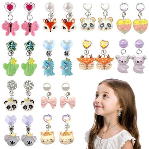 12 Paar Ohrringe, Clips, Mädchen, Kinder, niedliches Tier, kein Piercing, Prinzessin, Schmuck, Zubehör, Party, Geburtstag, Geschenk