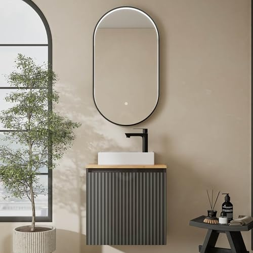 Planetmöbel Conjunto de Muebles de baño Lavabo con Mueble bajo | 56 x 55 x 30 cm Antracita y roble dorado, espejo de baño con iluminación, 50 x 90 cm, espejo con marco, ovalado