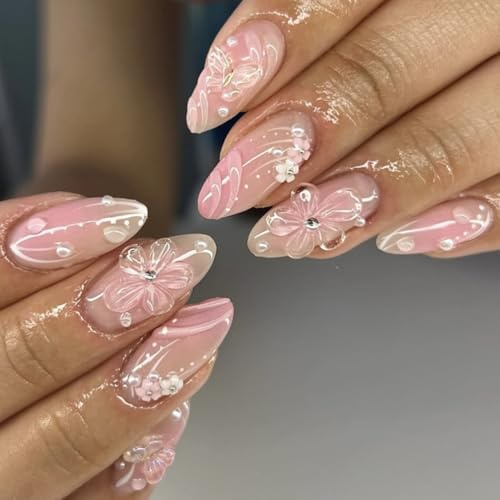 MouyouGlow Press on Nails Kurz,Almond Nude Gradient Rosa 3D Blumen Floral Schmetterling Pearl Gestreift Fake Nails,Natural Ombre Pink Butterfly Flowers Künstliche Fingernägel