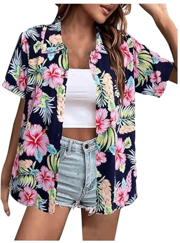 Hawaii Outfit Damen, Hawaii Hemd Damen Shirts Sommer Kurzarm Hawaiihemd Strandshirt Funky Hawaiibluse Fronttasche Party Hawaiihemden Frauen Hawaiian-Print Casual Hemdbluse Button Blusenshirt Tops
