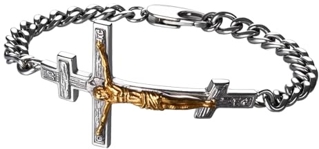 Flongo Jesus Kreuz Armband für Männer: Silber Kruzifix Armkette Mit Jesusporträt Christliches Gebet Schmuck Religiöses Geschenk für Katholische Orthodoxe und Evangelische Gläubige