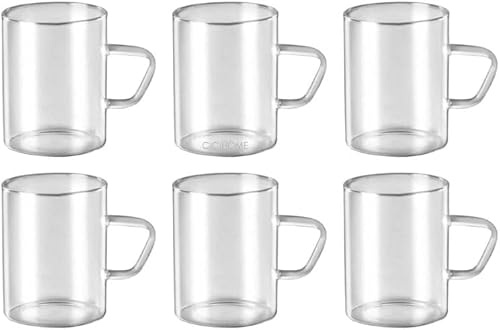 Nobel Glass Tea and Coffee Mugs, 250 ml, Set of 6, Borosilicate Glass with Handle, Microwave Safe