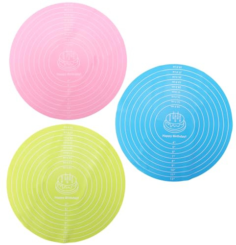 3 Stück Runde Silikon Kuchenmatten, Wiederverwendbar Rutschfest Hitzebeständig Silikon Backmatte Bedruckt mit Klarer Skala für Kuchen Drehteller Pizzateig Gebäckrollen (Pink, Blau, Grün)