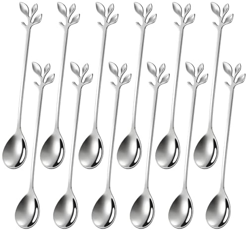 Ateweita Goldene Teelöffel, Klein Espressolöffel Kaffeelöffel aus Edelstahl, hochglanzpoliert Mokalöffel mit elegantes Blätter Design (Silber, 16cm*12)