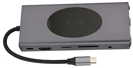 Plyisty 13 in 1 USB C Laptop Docking Station Support Type-C to PD, TF, AUDIO3.5, VGA, RJ45, USB-C2.0, USB-C3.0, USB3.*2, USB2., Wireless Charging 15W, 4K 30Hz Resolution (Gray)