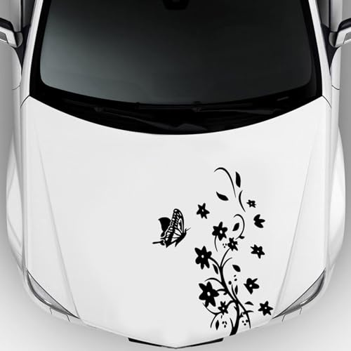 Auto Motorhaube Aufkleber Schmetterling Blume Dekorative Autoaufkleber Universal Vinyl Grafik Aufkleber Auto Dekoration Zubehör für Damen(Schwarz)