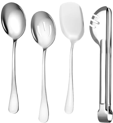 Juego de 4 cucharas de servir grandes, pinzas de cocina de acero inoxidable plateadas, cucharas ranuradas, palas para bufé, fiestas, bodas, cenas