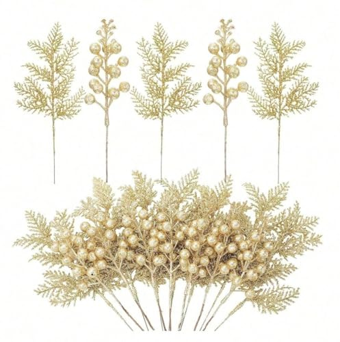 Flores Artificiales Navideñas para Decoración del Hogar – Juego de 7, 10 o 20 Piezas con Brillo, Nieve Artificial o Acabado Liso – Adornos para Árbol de Navidad, Corona, Mesa y Hogar. (Dorado)