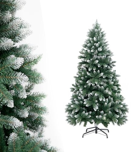 Árbol de Navidad Artificial Nevado 180 cm – Árbol de Navidad Flockeado Realista Blanco-Verde con 850 Puntas, Base Metálica Estable, Decoración Navideña para Interior y Exterior