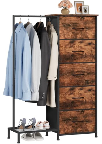 Somdot Dresser with Hanging Rack, 5 Drawers Small Closet for Bedroom, Reversible Dresser with Clothes Rack, Kids Dressers for Bedroom Chest of Drawers, Tall Storage Tower, Wood Grain Print