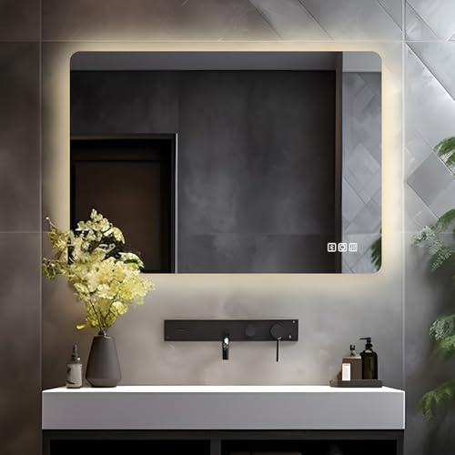 LISA Badrumsspegel med Bluetooth och uttag 80 x 60 cm, LED-badrumsspegel med belysning, dimbar, 3 ljusfärger, anti-dimma, stor spegel, backbelysning, väggspegel för badrum, toalett, hall