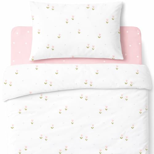 Set di biancheria da letto Lovely Hippo: lenzuolo con angoli 80 x 160 cm (100% cotone) + copripiumino 120 x 170 cm + federa per bambini 40 x 60 cm (fiori rosa, set di biancheria da letto 80 x 160 cm