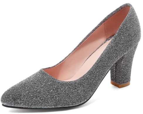 Dam glittrande blockklack pumps spetsig tå slip-on högklackade skor med glitterfinish för cocktailfest och kvällsevenemang, SILVER, 39.5 EU