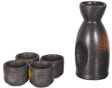 Garneck Ensemble de Saké Japonerie en Céramique Jaune Jade, Grosse Bouteille Tokkuri 1l 4 Tasses Ochoko Assorties, Service à Boisson Chaude pour Maison et Restaurant, Coupes à Vin