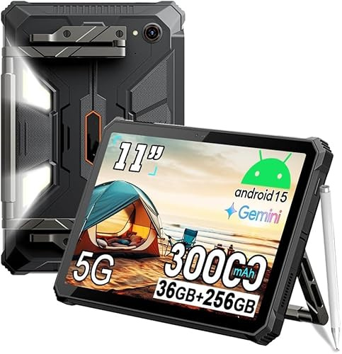 Active 12 PRO 5G Projector Tablet, Android 15 Tablet Rugged, 30000mAh Battery, 11'' Screen 36GB RAM + 256GB ROM Outdoor Tablets, Camera 108MP + 50MP, Camping Light/WiFi 6E / BT 5.4 /
