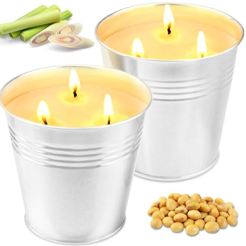 Citronella Kerze Outdoor Groß, 2 x 15 oz Natürliche Sojawachs | Draußen Kerzen - Zitronella Kerze Garten mit 3 Docht Citronella Duft Candle Indoor Beste Geschenk für Camping Picknick