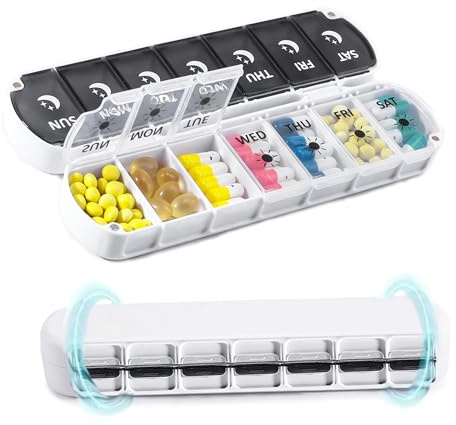 Tablettenbox 7 Tage Morgens Abends,Medikamentenbox 7 tage,Pillendose Klein für Unterwegs,Kompakte Tablettenbox 7 Tage für Reise und Alltag,BPA-Frei (Schwarz+weiß)