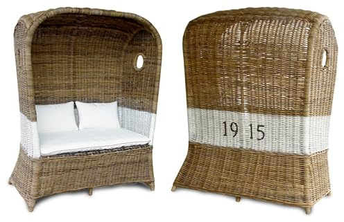 Klocke Rattan Strandkorb Premium - Exklusiver Korbsessel & Loungesessel für Indoor & Wintergarten - Inkl. luxuriöser Sitz- & Rückenkissen - Natur-Rattan Geflecht mit Bullaugen (2-Sitzer)