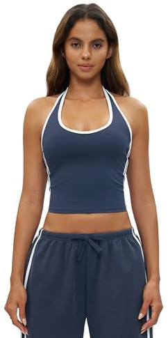 Odizli Sport Top Damen mit Integriertem BH, Neckholder Gestreift Crop Tank Sportoberteil