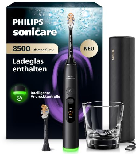 Philips Sonicare Next-Generation DiamondClean 8500 elektrische Zahnbürste – mit intelligenter Andruckkontrolle und 18 Einstellungen, Schwarz, HX8514/12