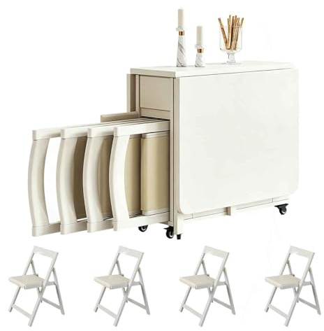 Set tavolo da pranzo pieghevole, tavolo da pranzo in stile rustico, con 4 sedie e cassetto, tavoli allungabili a scomparsa multifunzionali, for soggiorno cucina(White)