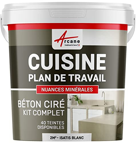 Béton Ciré Cuisine Plan de Travail Crédence 2 m² Isatis Blanc | Protection Anti-Taches, Résiste Chaleur et Eau, Adhérence Tous Supports, Temps Ouvert jusqu'à 4H - Arcane Industries