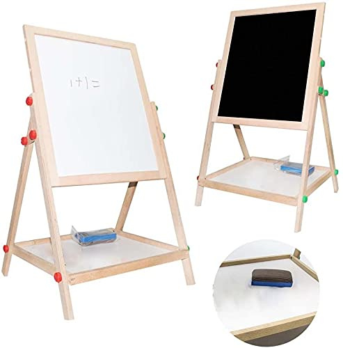 Haehne Blackboard & Whiteboard - Kids Bedroom Wooden Double Sided Easel Chalk Drawing Board, Children Learning Chalkboard, Deluxe Standing Art Junior Easel (2-in-1)